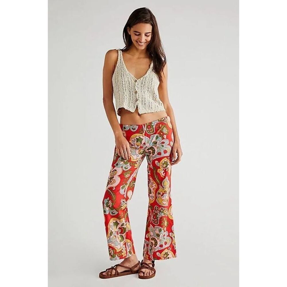 Free People Down & Out Floral Printed Flared Trousers Red US 0 NEW